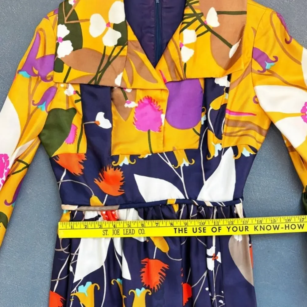 Vintage 60s Flower Power Multi-Color Rayon Long Sleeve Dress S festival - Picture 7 of 9